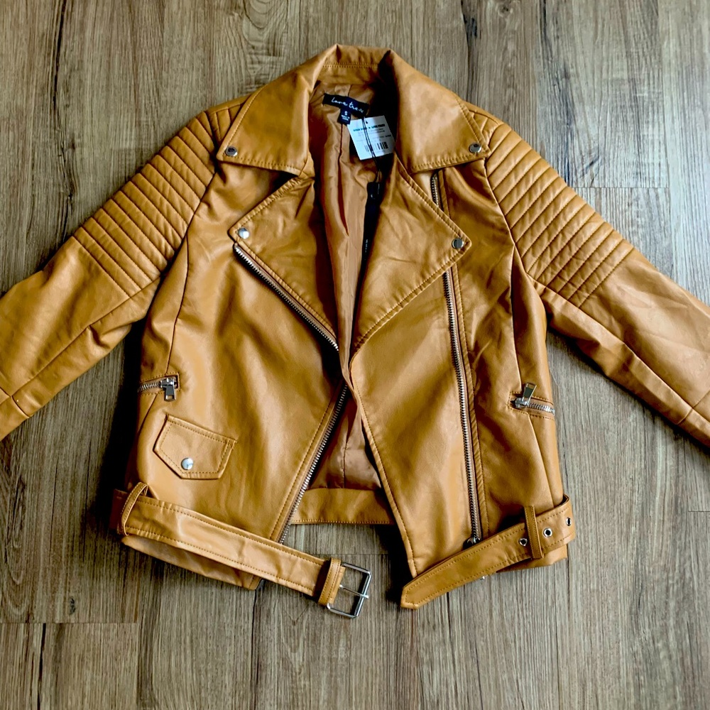 Tan Faux Leather Belted Moto Jacket